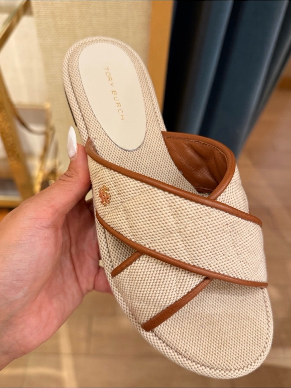 Tory Burch Willa Criss Cross Flat Slide Sandals Natural Canvas Brown Leather
